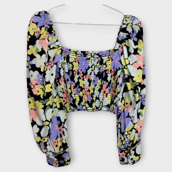 Free People Tops - Free People Womens Top Sz Small Ariana Floral Puff Sleeve Crop Top Blouse Hippie